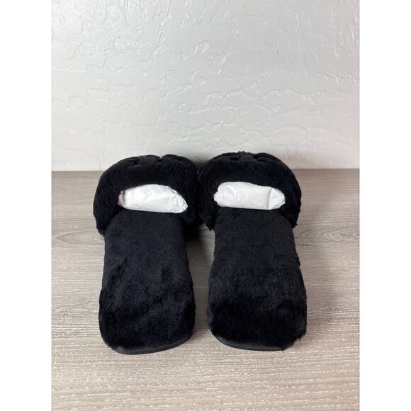 Tory Burch Black/Gold Double T Shearling Slide Slippers 8 M Leather Logo NIB - Picture 4 of 7